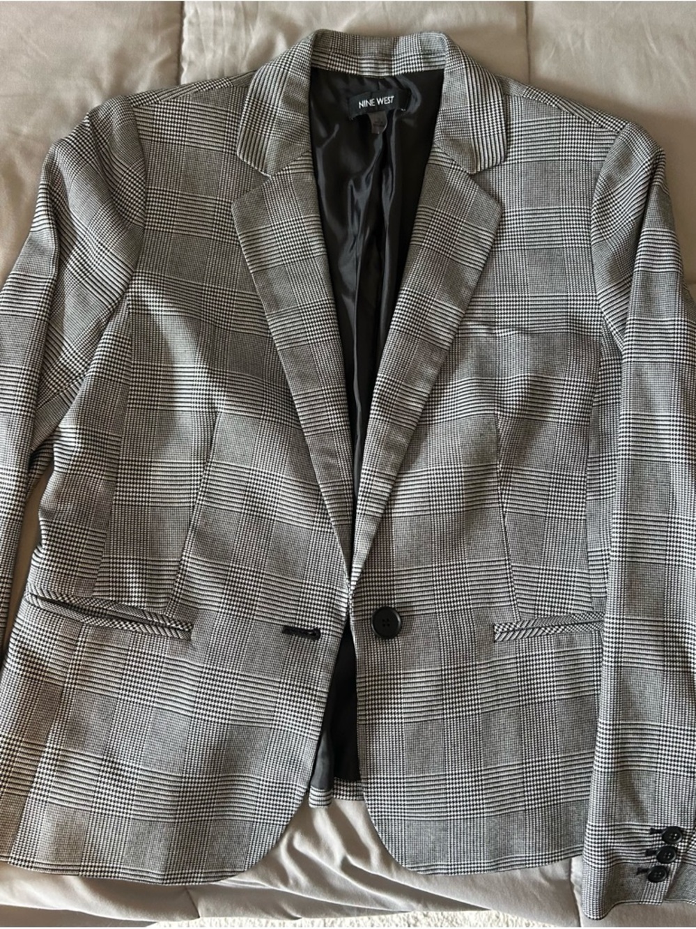 Nine West Black and White Glen Plaid Single-Button Blazer